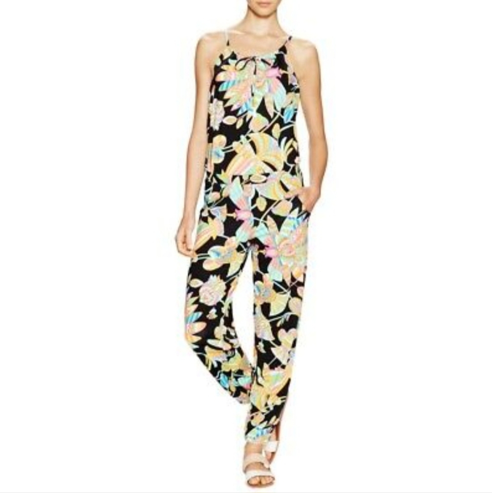 Trina Turk Black Tahitian Floral Stretch Nylon Jumpsuit Built in Bra